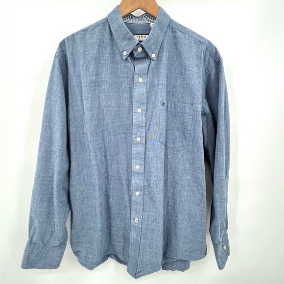 IZOD Button-Up Shirt Men's XL Blue Long Sleeve Collared Preppy 100% Cotton - Picture 2 of 8
